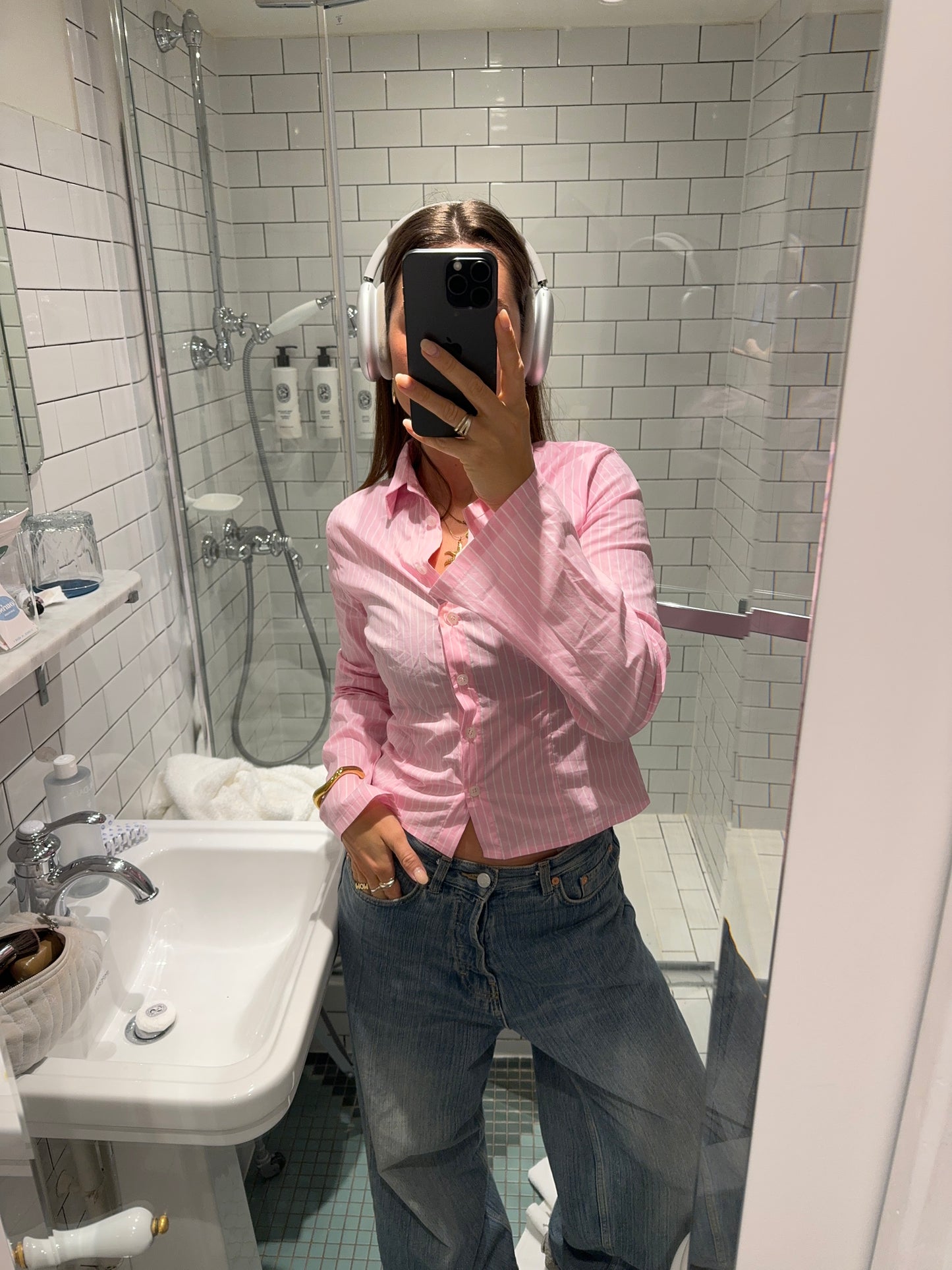 fitted blouse pink stripes