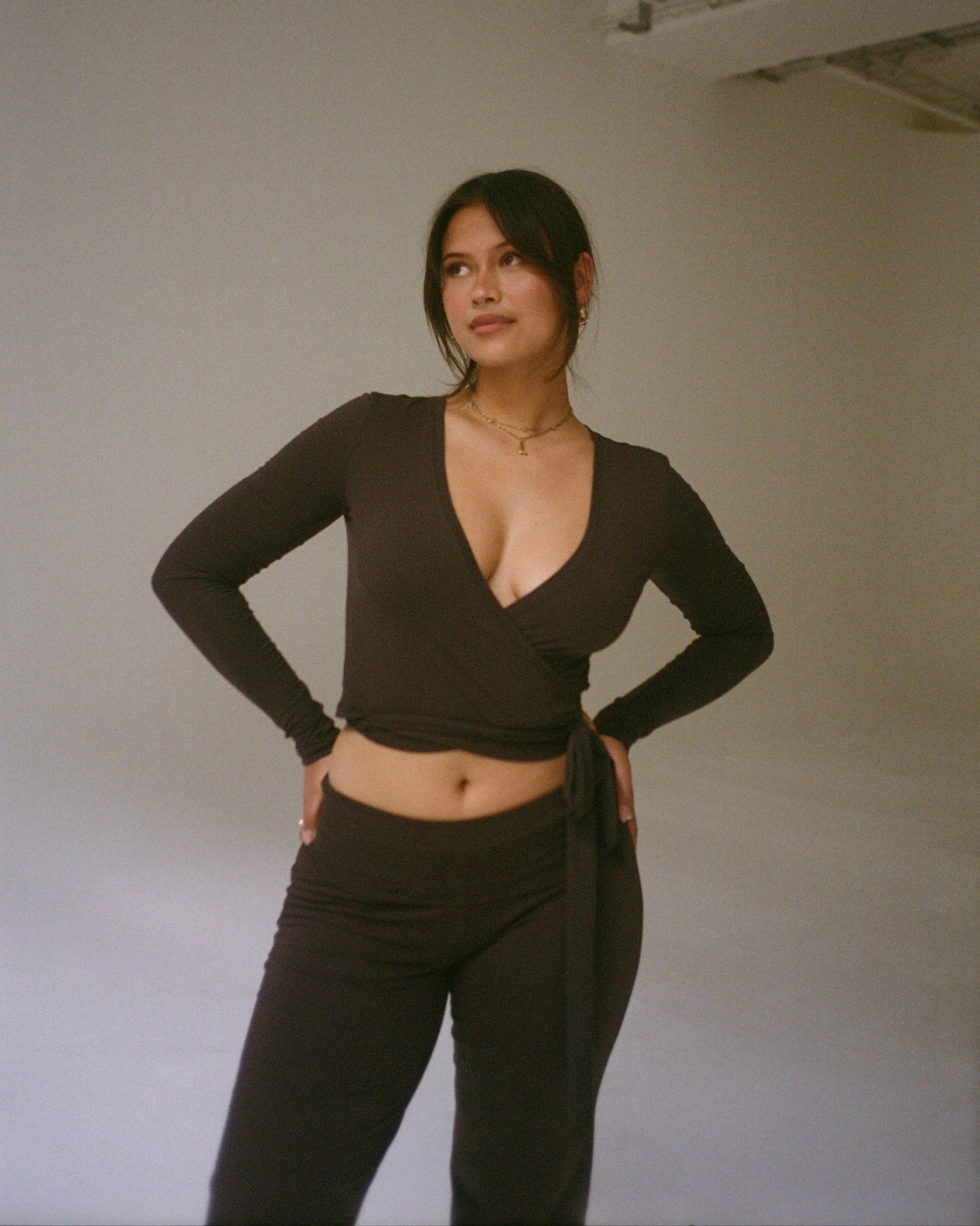 sleek ballet wrap top brown