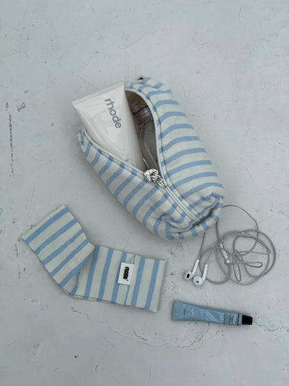 cosmetic bag cream blue stripes