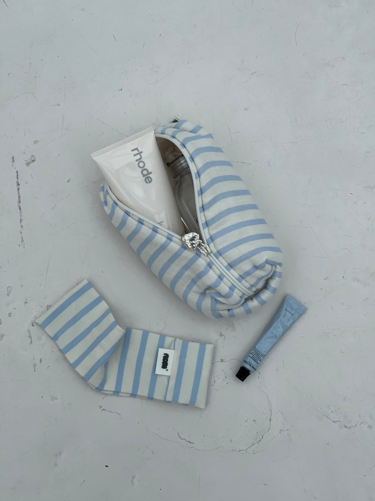 cosmetic bag cream blue stripes