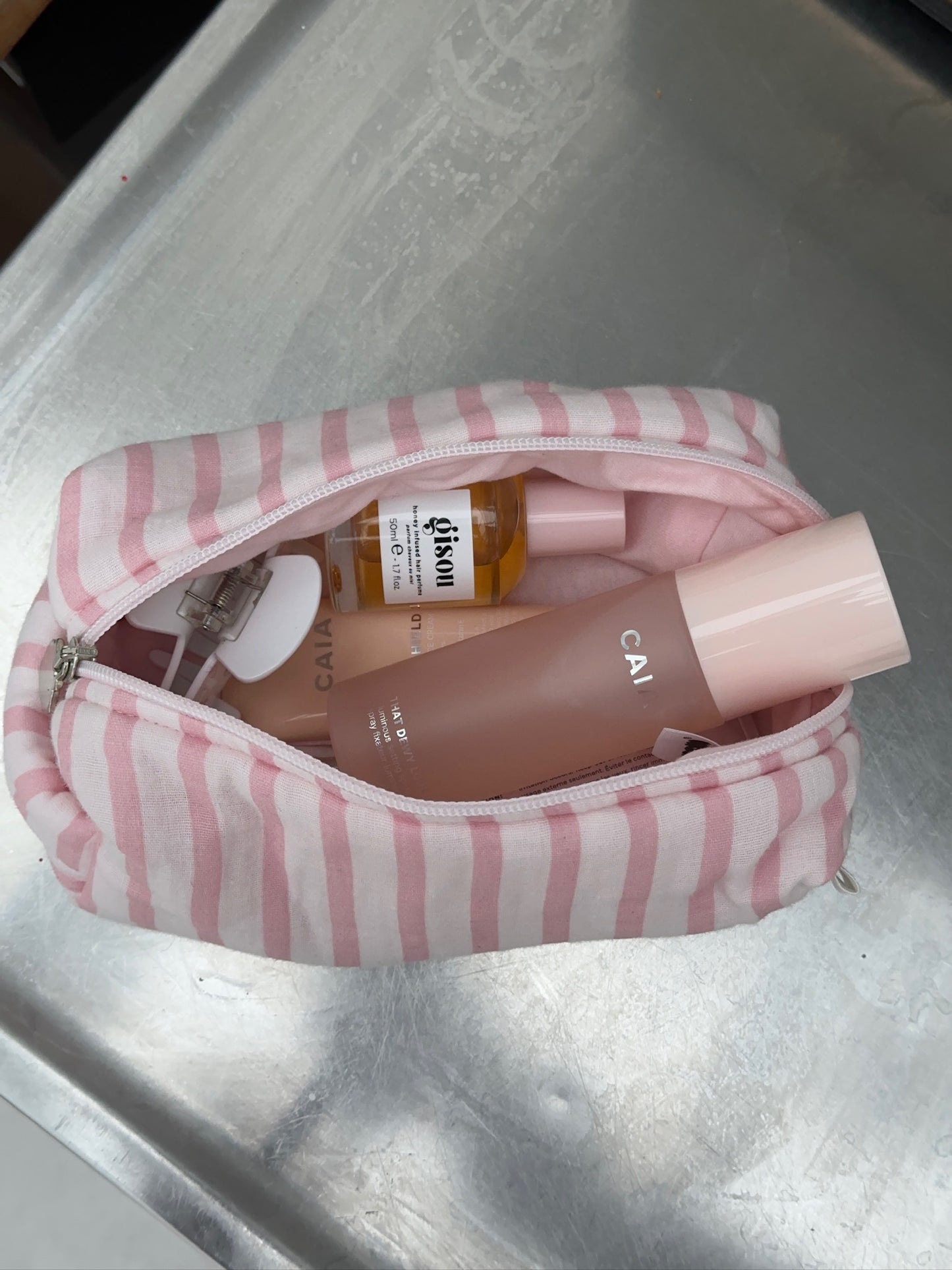 cosmetic bag pink stripes