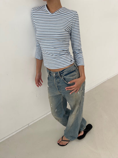 soft mini v neck 3/4 top deep blue stripes