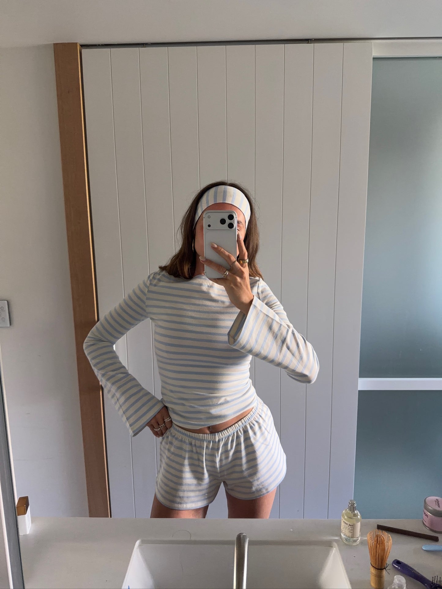 hairband cream blue stripes