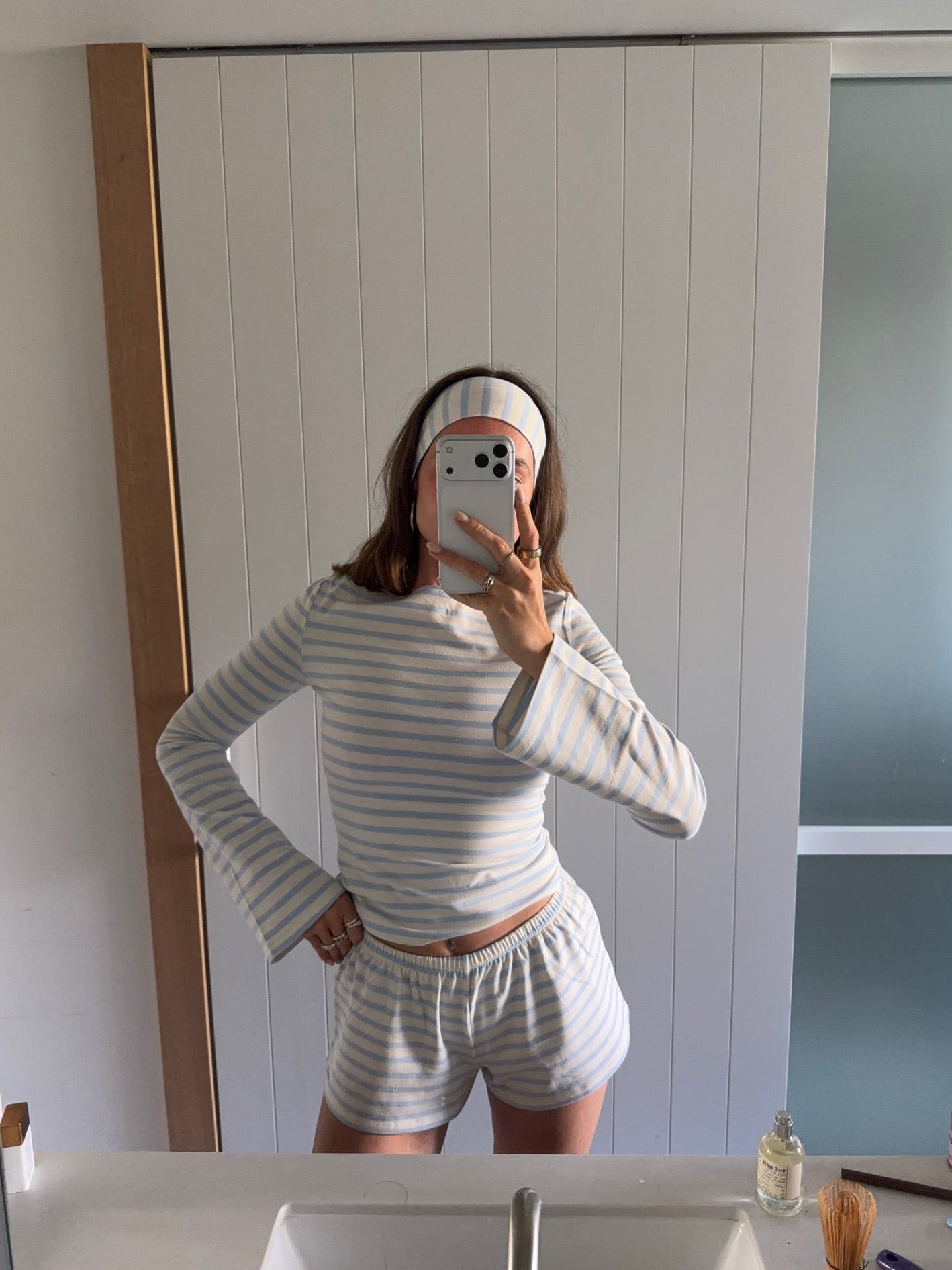 cream blue stripes set