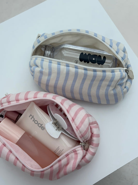 cosmetic bag cream blue stripes