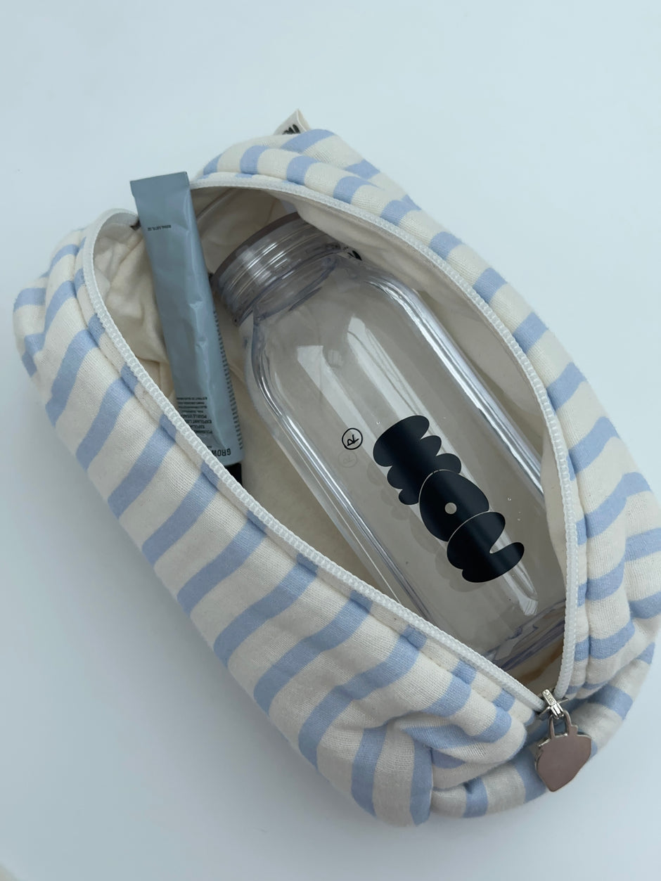 cosmetic bag cream blue stripes