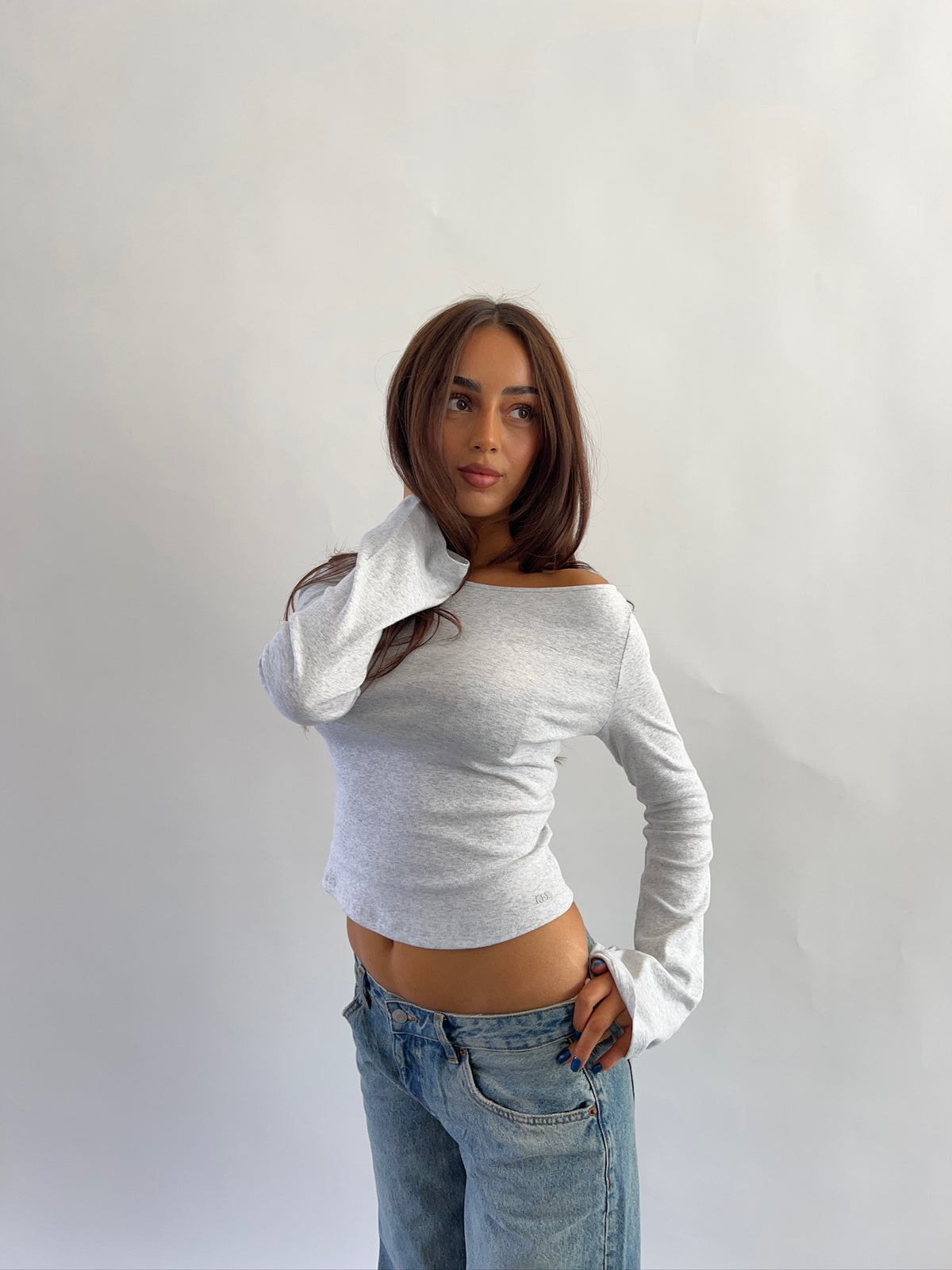 flared longsleeve knit grey melange