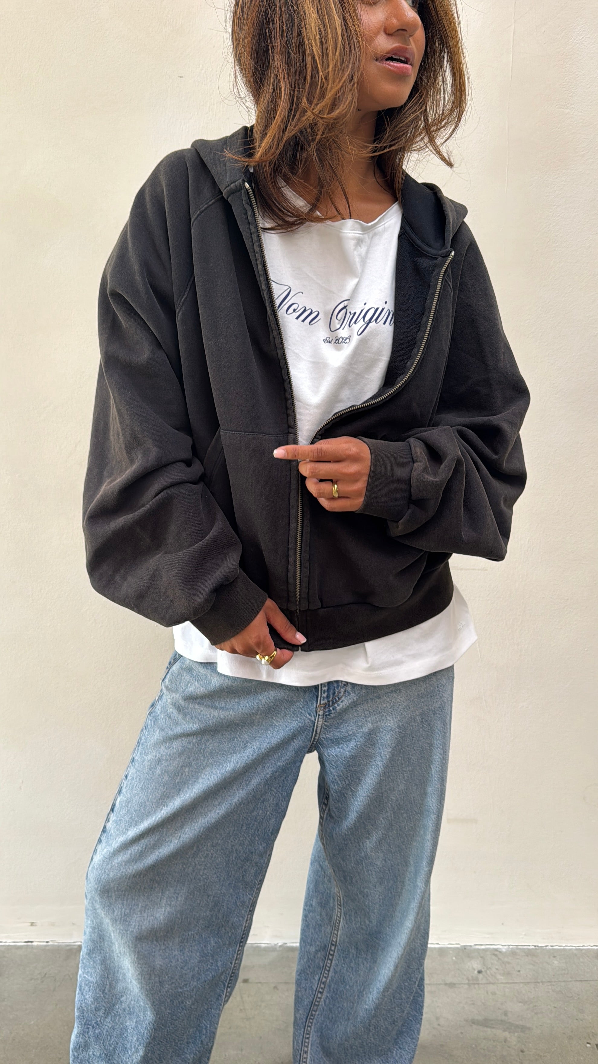 Washed Black Zip Hoodie for Modern Comfort – Nom Originals