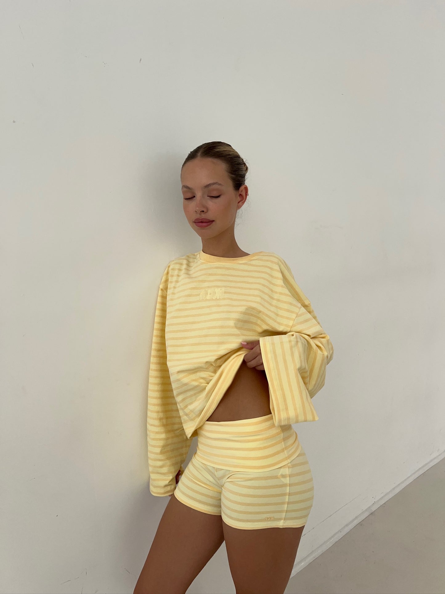 soft shorts butter yellow stripes
