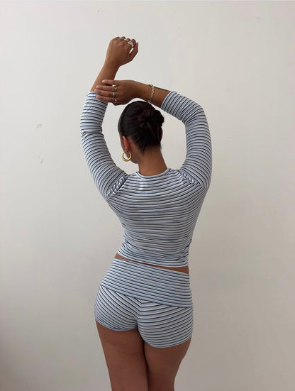 mini v neck shorts set deep blue stripes