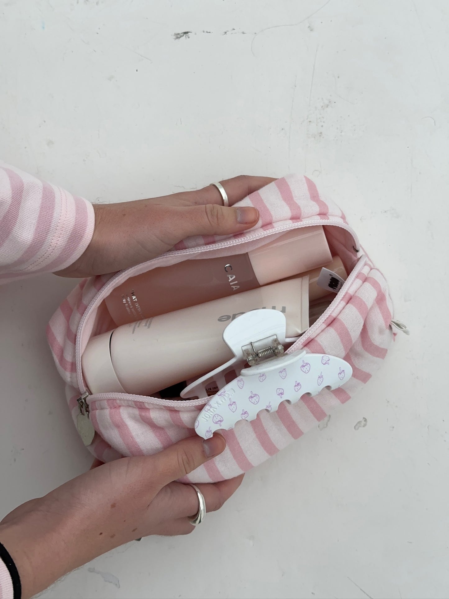 cosmetic bag pink stripes